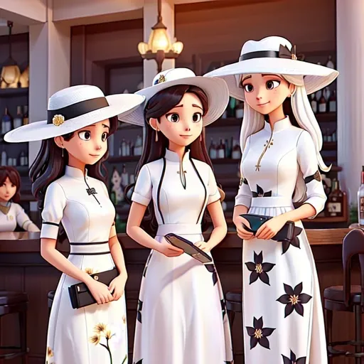 Prompt: three 21-year woman in (( long flower print Empire Dress with a high neck line and white hat))   looking at their phones in a bar together, one of them is looking at their phone, 