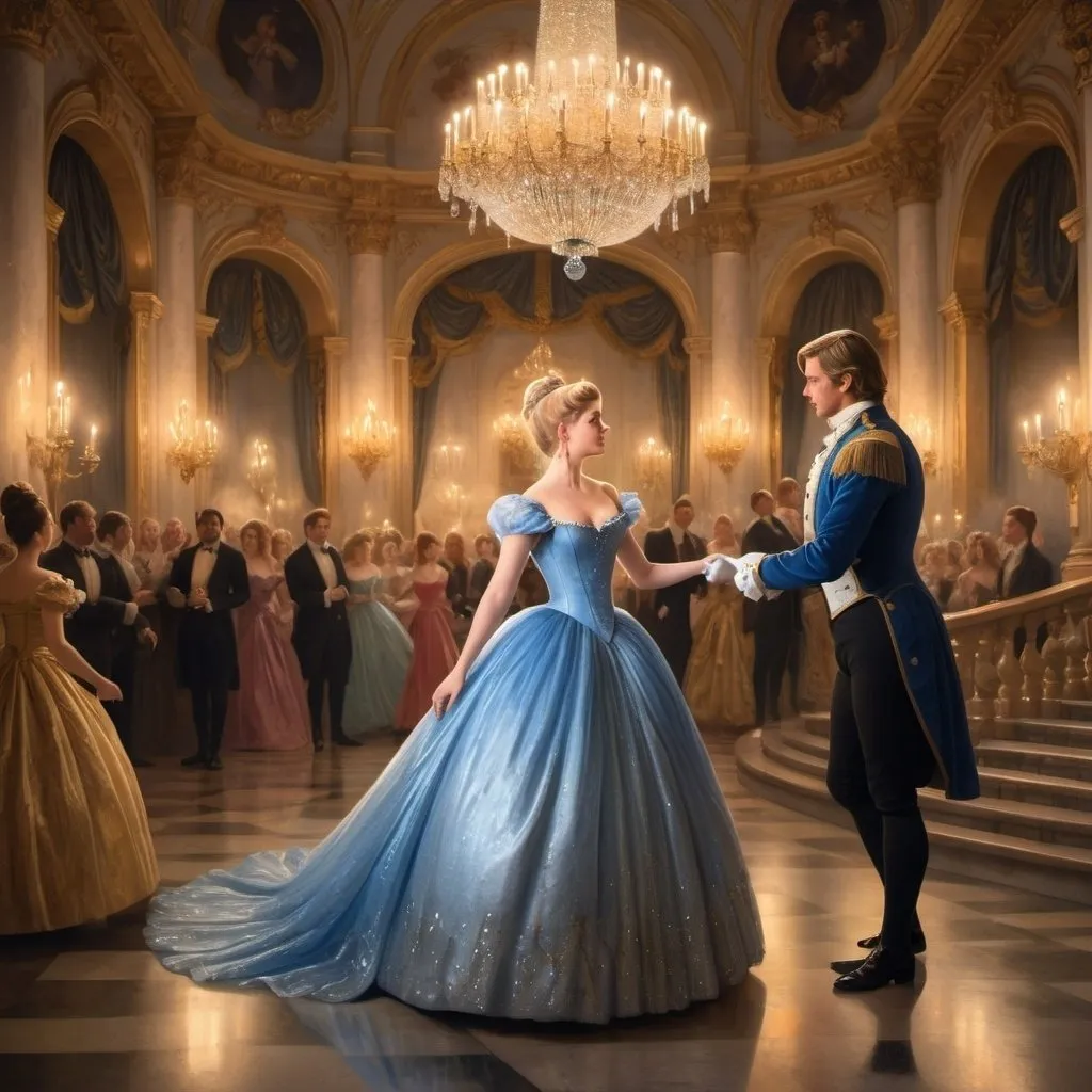 Prompt: Create a UHD, 64K, professional oil painting in the style of Carl Heinrich Bloch, blending the American Barbizon School and Flemish Baroque influences. Depict Cinderella at the grand ball, in a luxurious and opulent ballroom. Cinderella is dressed in an elegant, shimmering gown, capturing the light and casting a soft glow around her. The ballroom is adorned with crystal chandeliers, marble floors, and intricate golden decorations. Noblemen and women in lavish attire are seen dancing, chatting, and enjoying the festivities. Cinderella, standing at the top of a grand staircase, is the center of attention, with her graceful poise and radiant beauty captivating the guests. The scene is bathed in the warm light of hundreds of candles, creating an atmosphere of magic and enchantment. Outside the large, arched windows, a moonlit garden can be seen, adding to the fairytale ambiance.  