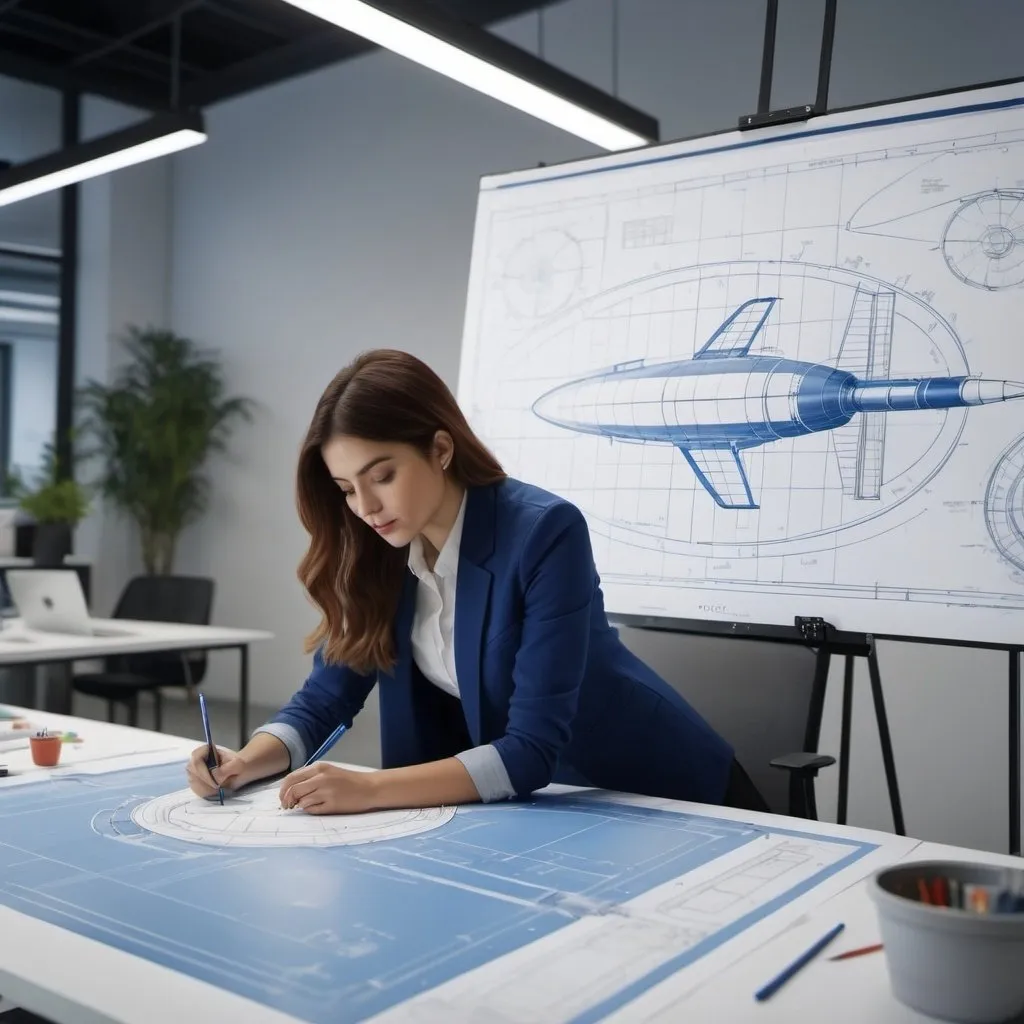 Prompt: painting of a woman drawing a blueprint as she is working as  an Aerospace Engineer designing a rocket in an office ,  Giotto, UHD, 64K