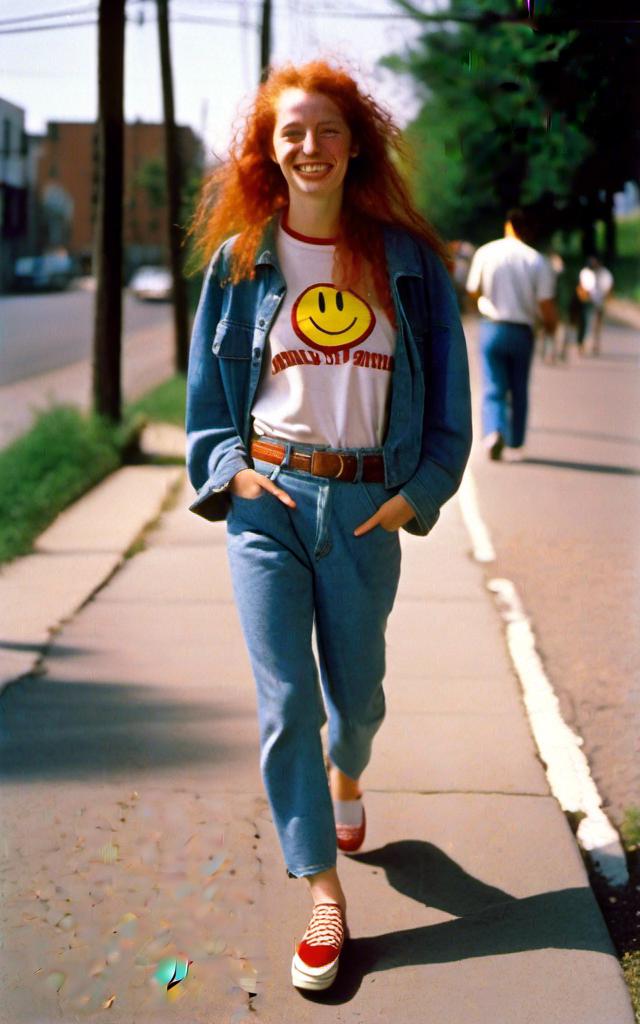 Prompt: a  portrait, 27 year-old woman, walking on a dry sidewalk, cover with dark freckle, green eyes, long ginger hair, red lipstick, a smile on her face, gold-earrings-with-a-smiley-face- ON-them,  smiley-face t-shirt, long blue jean, red and blue tennis shoes, 
<mymodel>