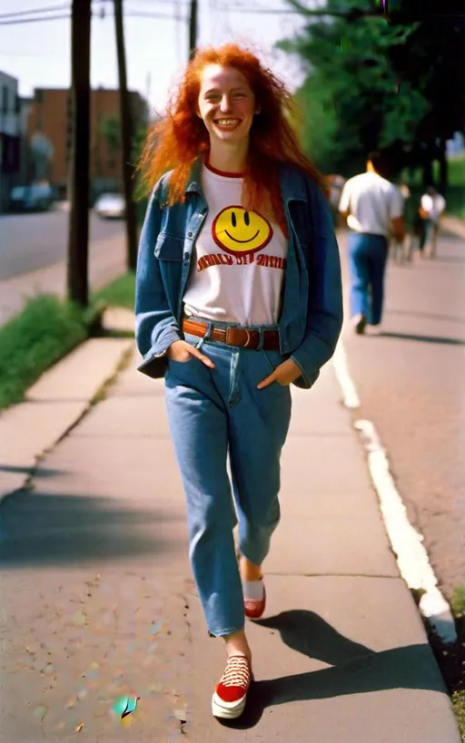 Prompt: a  portrait, 27 year-old woman, walking on a dry sidewalk, cover with dark freckle, green eyes, long ginger hair, red lipstick, a smile on her face, gold-earrings-with-a-smiley-face- ON-them,  smiley-face t-shirt, long blue jean, red and blue tennis shoes, 
<mymodel>