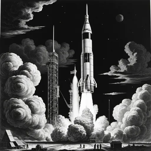 Prompt:  a black and white 15th century wood cut print of the Apollo Saturn-V Rocket launching into the sky liftoff with smoke billowing out of it's back, Carl Eugen Keel, space art, ue 5, an engraving