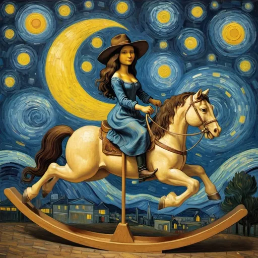 Prompt: a Mona Lisa  wearing a cowboy hat  riding a rocking horse that is jumping over the Moon.  in  "The Starry Night" by Vincent van Gogh