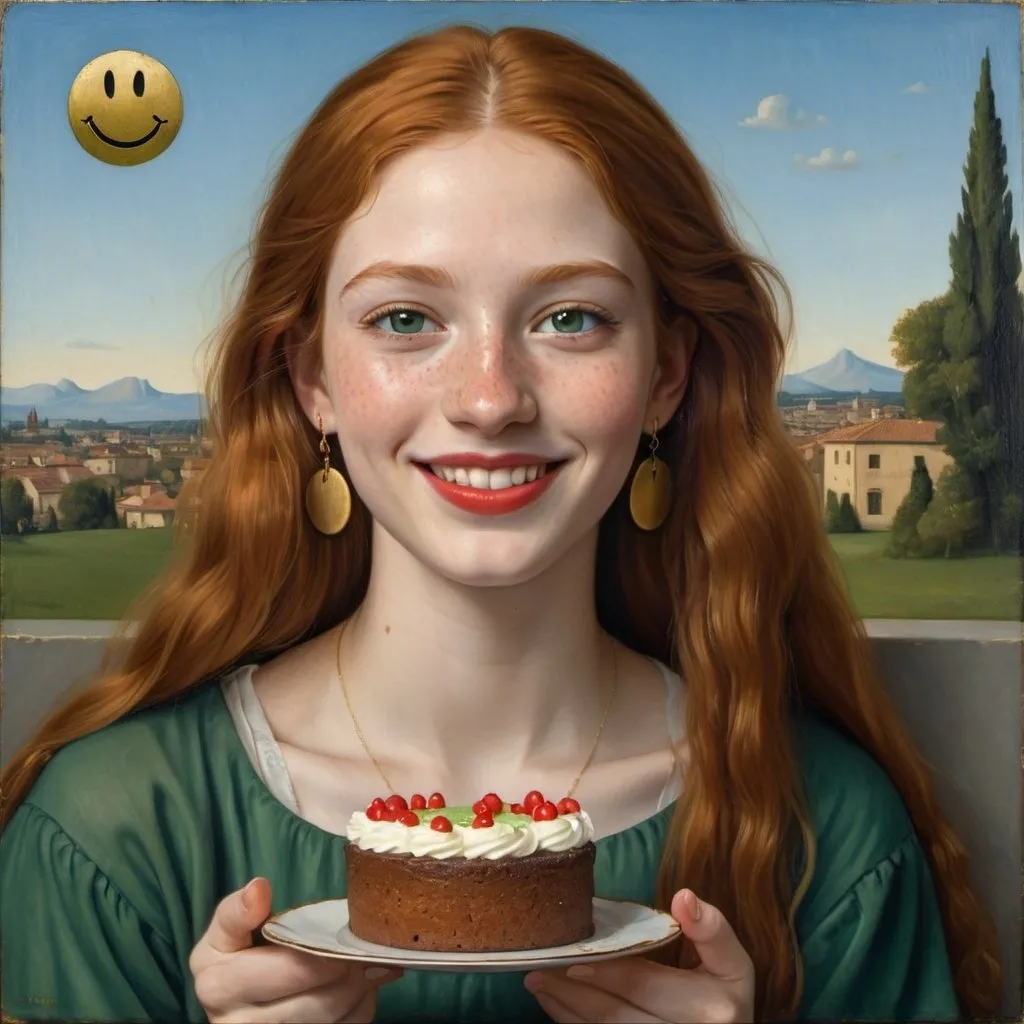 Prompt: a half-length portrait painting  of 20 year-old woman cover with dark freckle green eyes  long ginger hair red lipstick  on a smile on her face, "gold earrings",  smiley-face T-shirt, eating cake, with a green background and a blue sky, Fra Bartolomeo, academic art, renaissance oil painting, a painting in the style of  Mona Lisa