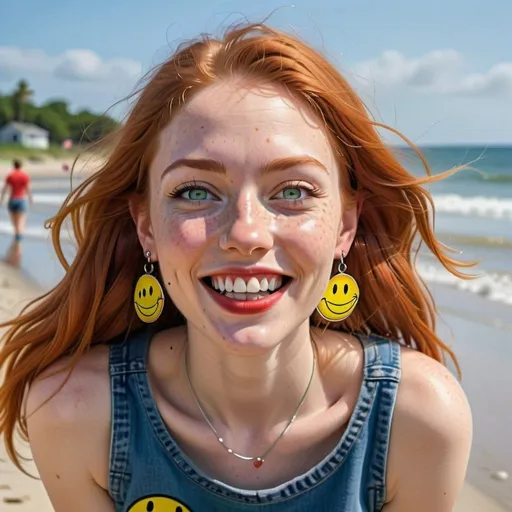 Prompt: photorealistic portrait of a [(27 year-old woman),  (cover with dark freckle), (green eyes), (long ginger hair), (red lipstick), (a smile on her face),(earrings with a SMILEY face on it's earring hooks), (smiley  T-shirt), (long blue jean), (red and blue tennis shoes),]on the beach, looking very excited at an attacking UFO