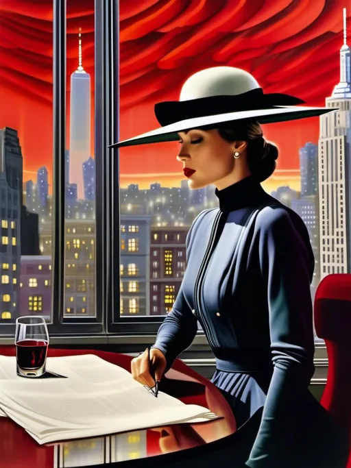 Prompt: a 21-year-old woman in a long flower print Empire Dress with a high neck line and white hat sitting at desk high rise office with a  window with a hat on her head drinking a glass of red wine,  and (( UFOs attacking New York City))  in the background with a window, Annie Leibovitz, precisionism, promotional image, an art deco painting  <mymodel> 