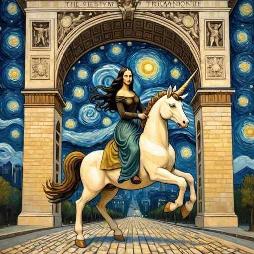 Prompt: Mona Lisa riding a  unicorn through the Arc de Triomphe in the style of "The Starry Night" by Vincent van Gogh