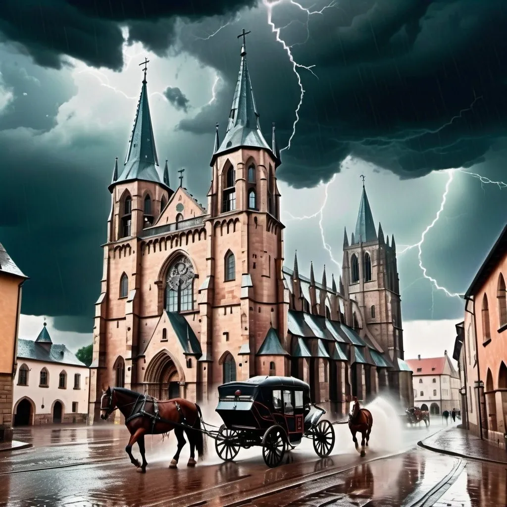 Prompt: a gothic cathedral with a steeple and  horse-drawn carriage parked in front of it in a thunder storm in medieval city,  medieval times, romanesque, summer, a colorized photo