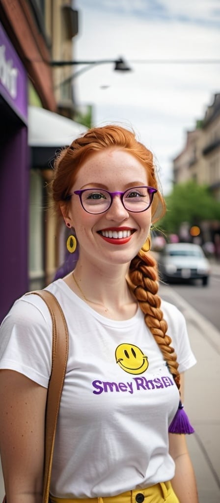 Prompt: portrait of a smiling 27 year-old woman. green eyes. cover with dark freckle. long ginger hair ginger in a French braid.   wearing  red lipstick. purple broad rimmed eyeglasses.  1970s yellow smiley face earrings,  and  white t-shirt,  smiles at the camera while standing on a sidewalk, figurativism, 1 9 7 0 s, a character portrait.