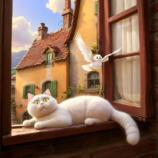 Prompt: Create an image from inside of a home of a [happy cat] lying comfortably on a ledge inside of a  [window that is wide open ].  in a [picturesque small village].
a white [dove] with its wings spread wide open, perched gracefully inside, fly over  the cat.
