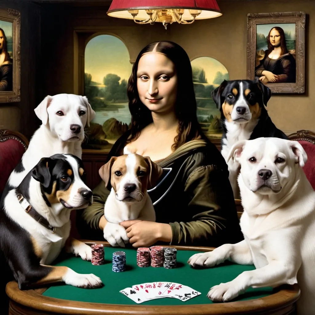 Prompt: Mona Lisa  playing poker of the dogs playing poker