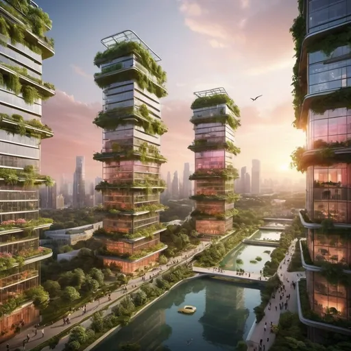 Prompt: "Imagine a futuristic city where nature has seamlessly integrated with technology. Skyscrapers made of glass and steel are intertwined with lush greenery, with vines and plants growing up the sides of buildings. Floating gardens hover above the streets, connected by transparent walkways. Solar panels and wind turbines are visible on rooftops, blending with the natural elements. In the background, a serene sunset paints the sky in hues of orange and pink, casting a warm glow over the harmonious blend of urban innovation and nature."