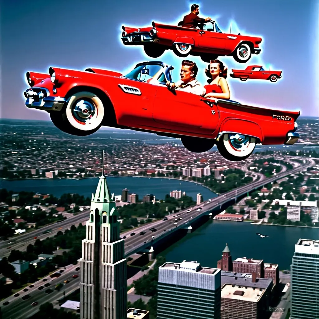 Prompt: (27 year-old woman) and  (29 year-old man)  in a flying red ford 1957 thunderbird flying over a city,  photo
