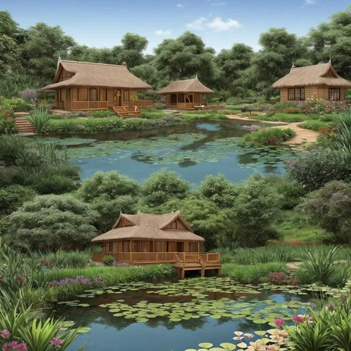 Prompt: create a very detailed and magnificent cottage in a water pond ,  in east Africa 