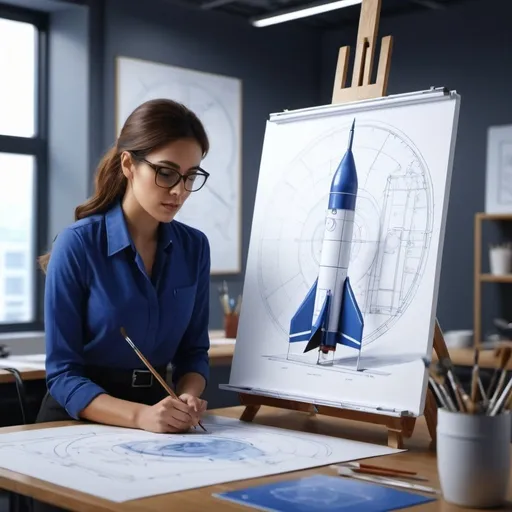 Prompt: painting of a woman drawing a blueprint as she is working as  an Aerospace Engineer designing a rocket in an office , 
a realistic painting, UHD, 64K