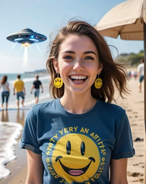 Prompt: photorealistic portrait of a [(27 year-old woman), (a smile on her face), ( smiley earrings), (smiley t-shirt), (long blue jean), ] on the beach, looking very excited at an attacking UFO