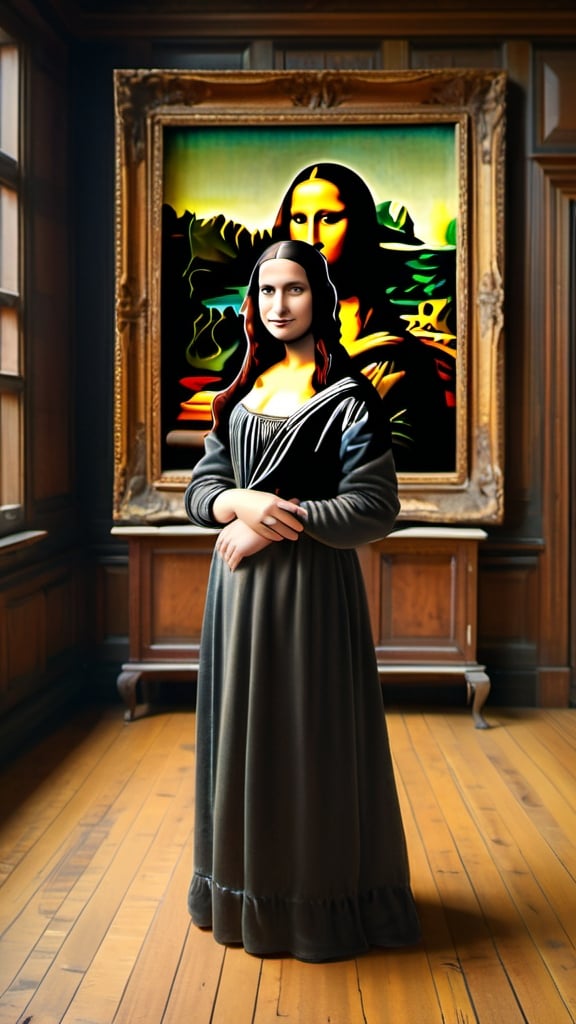 Prompt: Mona Lisa,  standing on a wood floor. wood house studio, full from head to toe body shot