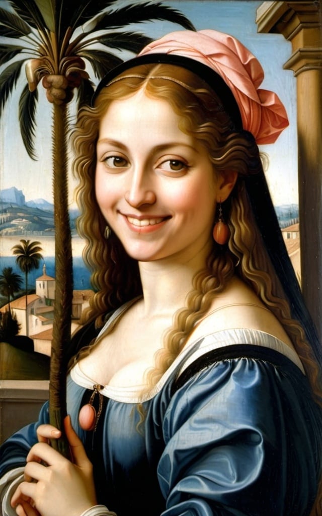 Prompt: a painting of a woman with long hair and a smile on her face, with a palm tree in the background, Fra Bartolomeo, mannerism, renaissance oil painting, a painting