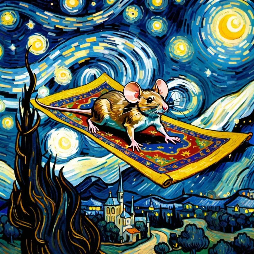 Prompt:  mouse, flying on a "magic carpet" in "The Starry Night" by Vincent van Gogh