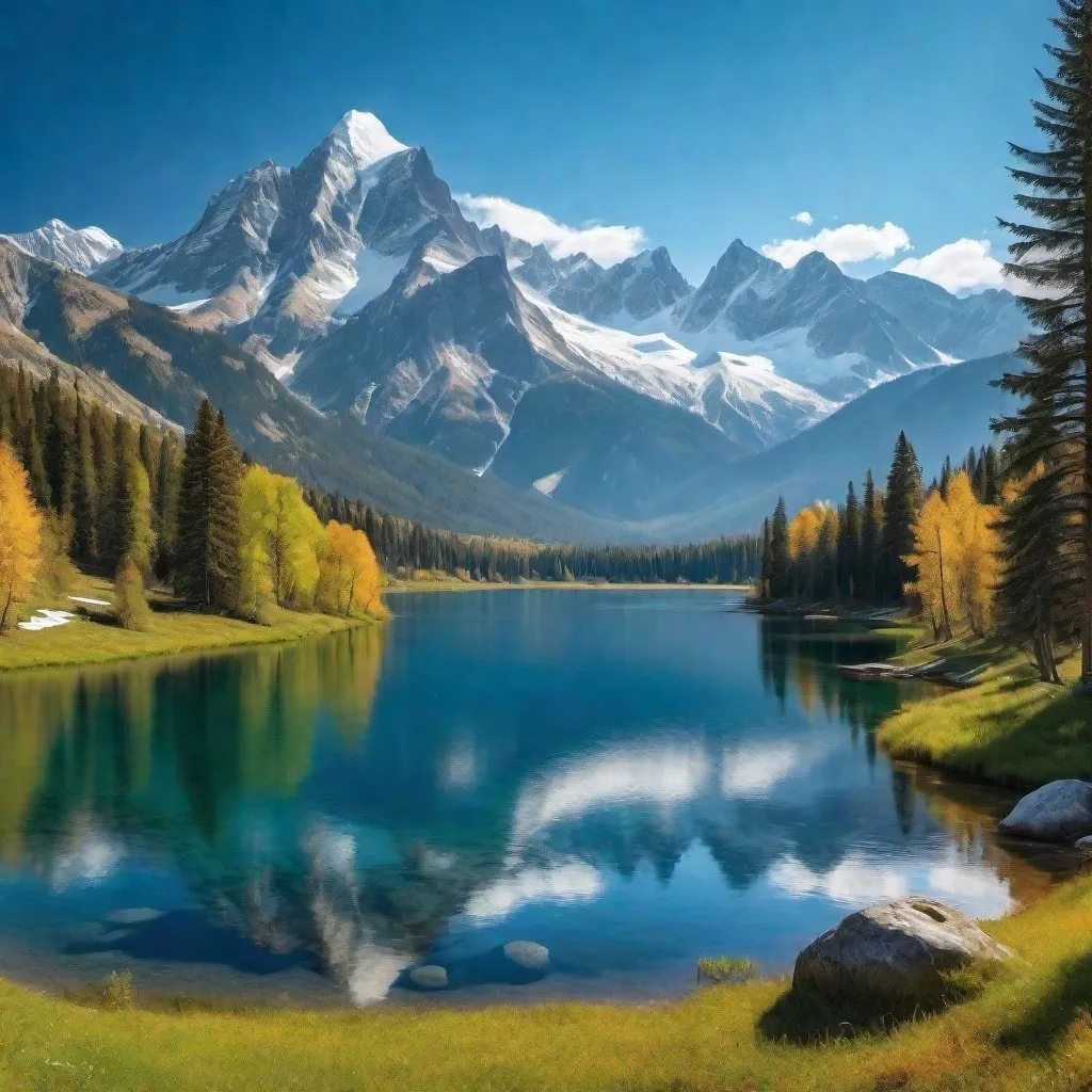 Prompt: a mountain range with a lake surrounded by trees and snow capped mountains in the background with a blue sky,
Albert Bierstadt, 
naturalism, 
polarizing filter, 
professional photograph,
UHD  64K