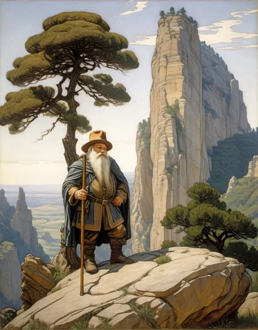 Prompt: a painting of a dwarf in a  hat with a cane  standing on a rock with a tree in the background and a rock formation with a cloth draped over it, Carlos Schwabe, american barbizon school, symbolist, a statue