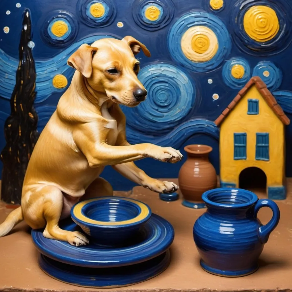 Prompt: a dog  making pottery on pottery wheel in the style of "The Starry Night" by Vincent van Gogh