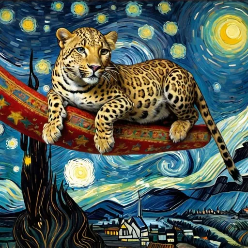 Prompt: A leopard flying on a "magic carpet" in "The Starry Night" by Vincent van Gogh