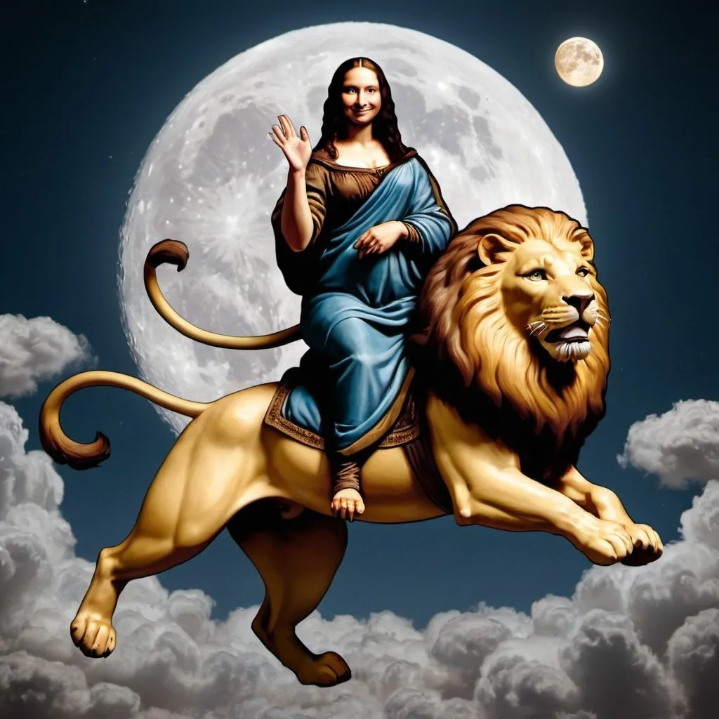 Prompt: Mona Lisa riding a Lion  that is jumping over the Moon.