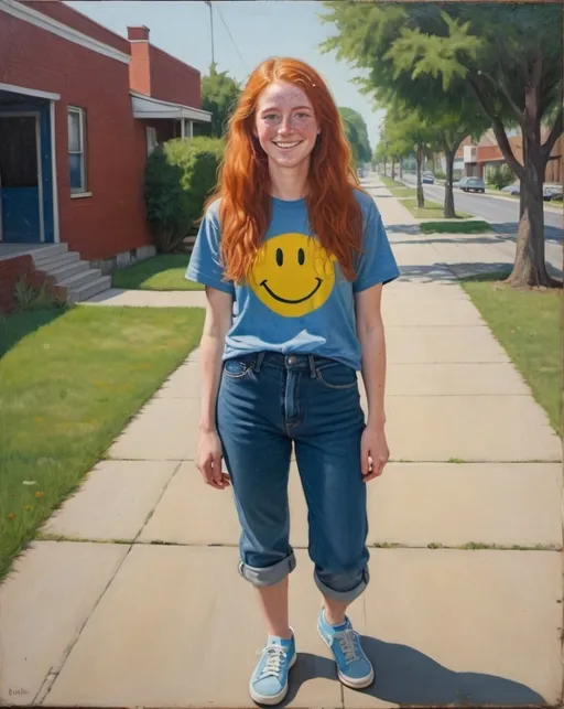 Prompt: a full-length portrait painting,
 27 year-old woman, 
standing on a dry sidewalk, 
cover with dark freckle,
green eyes, 
long ginger hair, 
a smile on her face, 
smiley-face  t-shirt, 
long blue jean,
red and blue tennis shoes,
1970s oil painting,