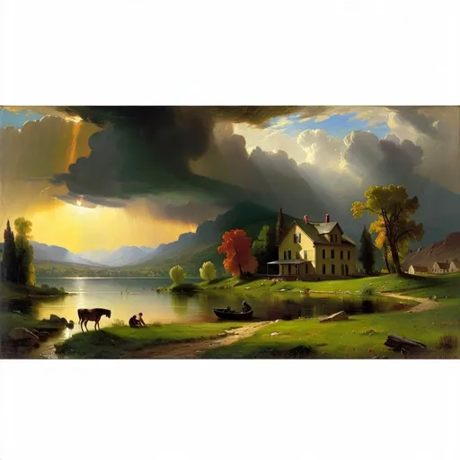 Prompt: painting of  a house  by a lake with mountains in the background and a sun above it, George Inness, american scene painting, stormy weather, a professional painting, UHD 64K