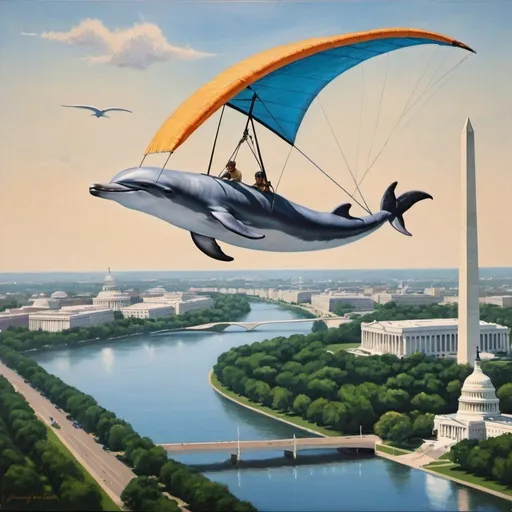 Prompt: a dolphin,  flying over washington DC on hang glider, 1970s oil painting,

