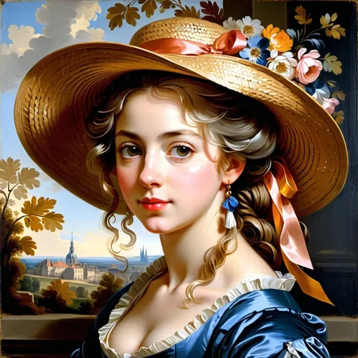 Prompt: Self-portrait in a Straw Hat (French: Autoportrait au chapeau de paille, Dutch: Zelfportret met strohoed)

"Step into the elegant world of 18th-century France as you reimagine Élisabeth Vigée Le Brun's iconic self-portrait, 'Self-portrait in a Straw Hat.'

Capture the grace and beauty of the artist as she gazes confidently at the viewer, her straw hat adorned with ribbons casting a soft shadow across her face.

Experiment with light and shadow to evoke a sense of depth and dimension, highlighting the delicate features and subtle expressions that characterize Vigée Le Brun's self-portraiture.

Explore the intricate details of costume and fashion from the Rococo era, from the elaborate lace collar to the sumptuous fabrics of the artist's gown, infusing your artwork with a sense of historical authenticity and charm.

Consider the role of portraiture in shaping identity and self-representation, inviting viewers to reflect on the artist's unique perspective and the societal conventions of her time.

Whether you choose to work with traditional mediums such as paint or pencil, or explore digital techniques and mixed media, let your creativity soar as you breathe new life into this timeless masterpiece.

Embrace the spirit of Vigée Le Brun's self-portrait as you embark on a journey of artistic exploration, inviting viewers to join you on a captivating voyage through the opulent world of 18th-century France."
(chatgpt)






