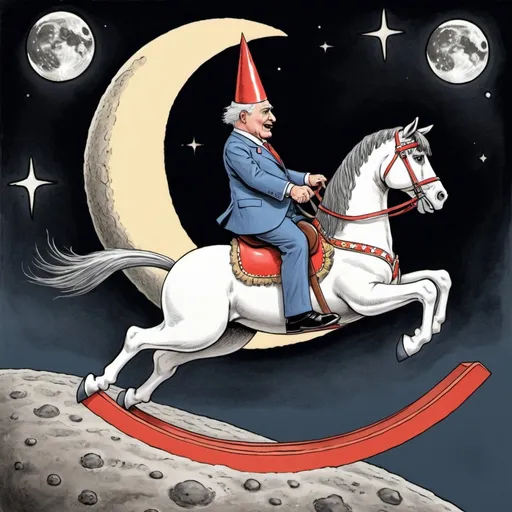 Prompt: A "political cartoon" of a dictator  "wearing dunce" hat riding a "rocking horse" that is jumping "over the Moon. " 