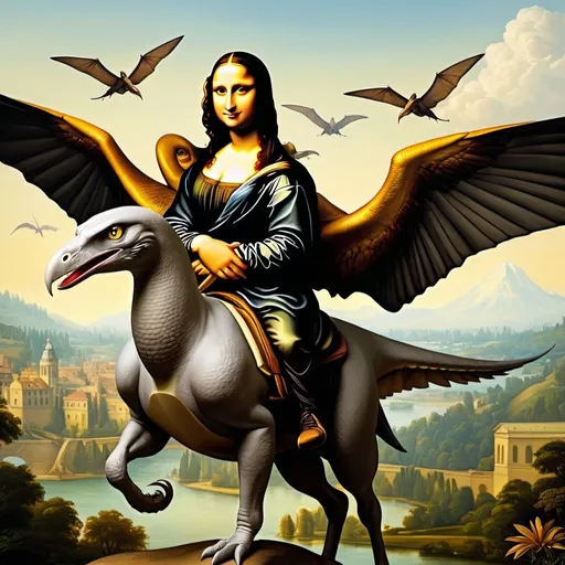 Prompt: Create an image of Mona Lisa riding a Pterodactyl,




