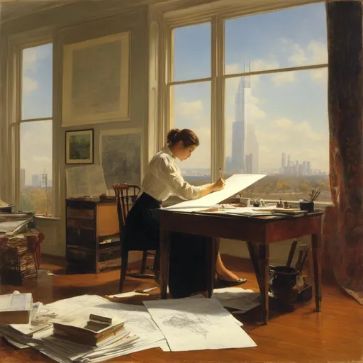 Prompt: <mymodel>painting of a woman drawing a blueprint as she is working as  an architect designing a skyscraper in an office , 
precisionism, 
giantess art, 
a realistic painting.
 UHD, 64K