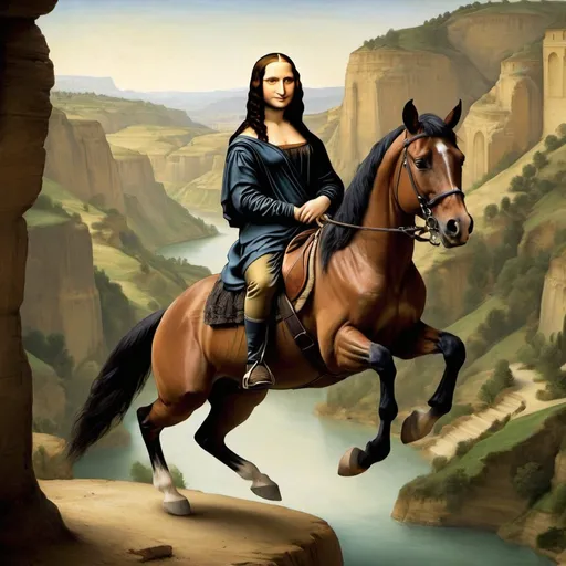 Prompt: Mona Lisa riding a horse that is jumping over a canyon.