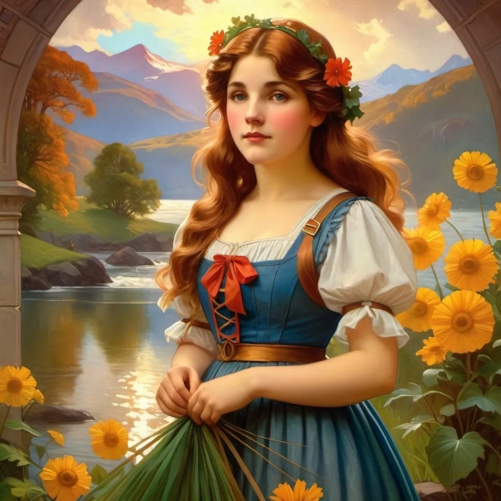 Prompt: Create a UHD, 64K, professional oil  painting in the style of Albert Bierstadt, Hudson River School, depict  the fictional character Dorothy Gale (by L. Frank Baum, 1900)