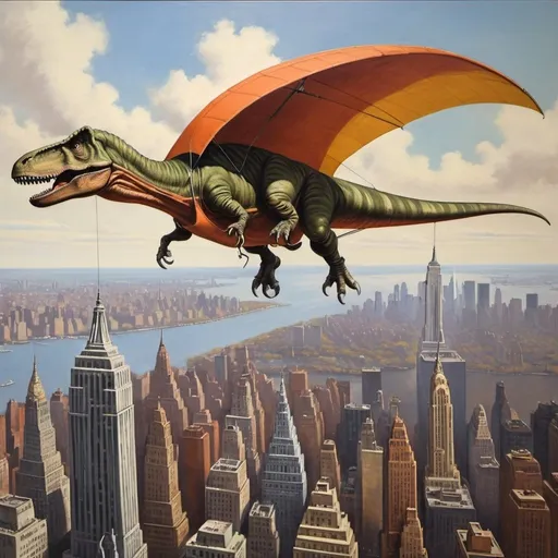Prompt: a  tyrannosaurus ,  flying over New York city  on hang glider, 1970s oil painting,

