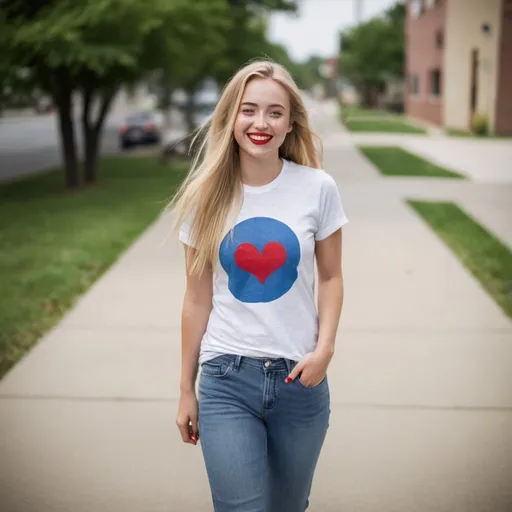 Prompt: a full-length   portrait, 27 year-old woman, walking on a dry sidewalk, cover with dark freckle, green eyes, long blonde hair, red lipstick, a smile on her face, smiley-face t-shirt, long blue jean, red and blue tennis shoes,  photo 