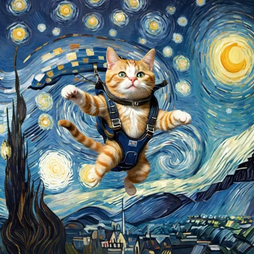 Prompt: a cat skydiving  in "The Starry Night" by Vincent van Gogh
