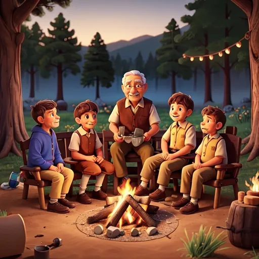 Prompt: painting of a grandfather telling stories by a campfire with five of his young grandchildren.