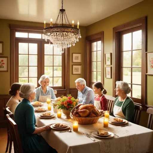 Prompt: A serene and inviting scene of a Sunday dinner at grandmother’s house. The setting is a rustic, warmly lit dining room with a large wooden table at the center, adorned with a lace tablecloth and an array of delicious homemade dishes. The walls are decorated with family photos and antique frames, giving a sense of history and love.

Characters:

Grandmother: At the head of the table, with a gentle smile and twinkling eyes, wearing a floral apron over a simple dress. Her silver hair is neatly pinned back.
Family Members: Surrounding her are family members of various ages, from a young child reaching for a biscuit to a teenage girl sharing a story, and adults engaged in lively conversation. Each face reflects warmth, joy, and connection.
Details:

Food: The table is laden with classic Sunday dinner fare—roast chicken, mashed potatoes, gravy, green beans, a basket of freshly baked rolls, and a pie for dessert.
Lighting: Soft, golden light from a chandelier above and natural light streaming through a nearby window creates a cozy ambiance. Shadows are gentle, and the light highlights the textures of the food and the warmth of the gathering.
Background: Through the window, a glimpse of a well-tended garden with blooming flowers and a setting sun in the distance, adding to the serene and peaceful atmosphere.
Color Palette:

Warm earth tones for the wooden furniture and floors.
Soft pastels for the family members' clothing.
Vibrant greens, reds, and yellows for the food and flowers.
A golden glow for the lighting to enhance the sense of warmth and togetherness.