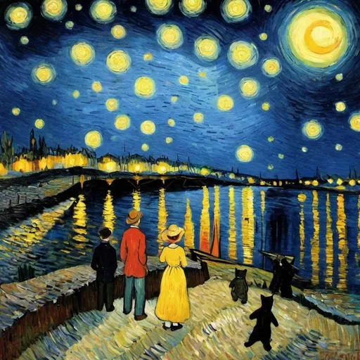 Prompt:  "The Starry Night" by Vincent van Gogh

I wandered lonely as a cloud
That floats on high o'er vales and hills,
When all at once I saw a crowd,
A host, of golden roses;
Beside the lake, beneath the trees,
Fluttering and dancing in the breeze.
Continuous as the stars that shine
And twinkle on the milky way,
They stretched in never-ending line
Along the margin of a bay:
Ten thousand saw I at a glance,
Tossing their heads in sprightly dance.
The waves beside them danced; but they
Out-did the sparkling waves in glee:
A poet could not but be gay,
In such a jocund company:
I gazed—and gazed—but little thought
What wealth the show to me had brought:
For oft, when on my couch I lie
In vacant or in pensive mood,
They flash upon that inward eye
Which is the bliss of solitude;
And then my heart with pleasure fills,
And dances with the roses.
[I Wandered Lonely as a Cloud by William Wordsworth]