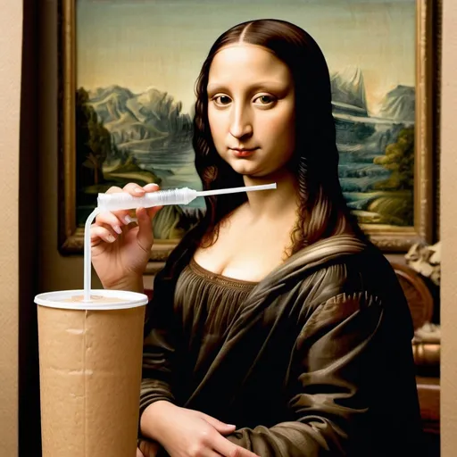 Prompt: Mona Lisa drinking through a straw stuck in "an open glass bottle that is wrap in a brown paper."
