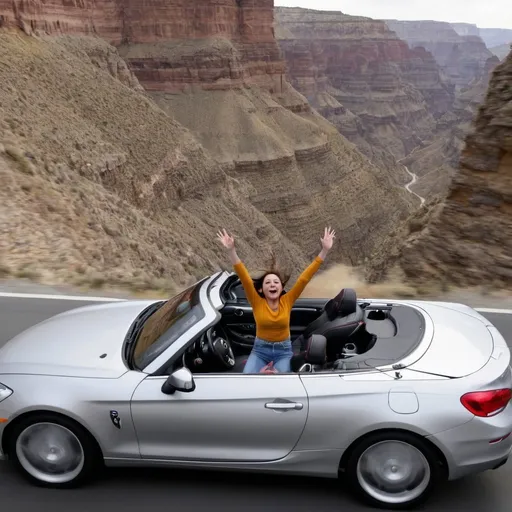 Prompt: 27 year-old woman driving a convertible, 
the convertible  is  jumping over a canyon,