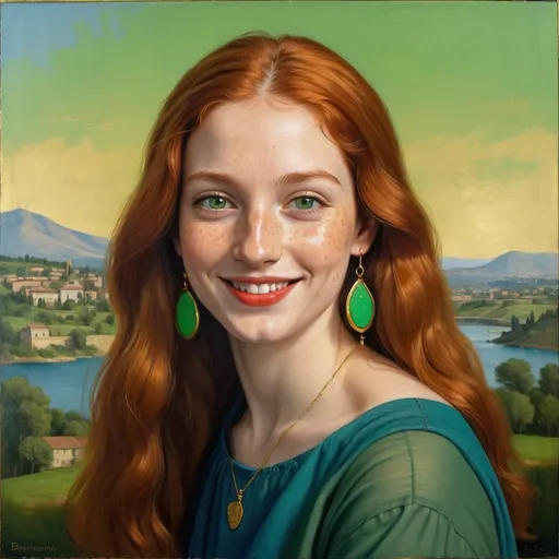 Prompt: a half-length portrait painting,
27 year-old woman,
cover with dark freckle,
green eyes,
long ginger hair,
red lipstick,
a smile on her face, 
happy-face  ON gold-earrings,  
T-shirt, 
with a green background and a blue sky,
 Fra Bartolomeo,
 academic art,
1970s oil painting,
 a painting in the style of  Mona Lisa