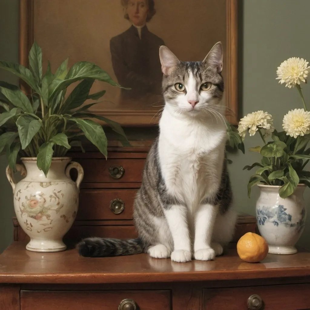 Prompt: a cat sitting on a table next to a potted plant and a dresser with a painting on it, Felix Octavius Carr Darley, arts and crafts movement, promotional image, a still life