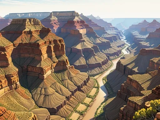 Prompt: Grand Canyon at sunrise, 
wide angle view, 
full depth of field, 
beautiful, 
high resolution, 
realistic,
detailed foliage, 
serene atmosphere, 
golden hour lighting, 
majestic Colorado River, 
exquisite rock formations, 
natural beauty, 
landscape painting,
professional quality, 
sunrise, 
Canyon walls, 
majestic  Colorado River, 
realistic, 
detailed foliage, 
serene atmosphere,
wide angle view,
full depth of field, 
beautiful, 
high resolution, 
golden hour lighting, 
exquisite rock formations, 
natural beauty