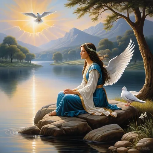 Prompt: a painting of a woman sitting on a rock by a lake with birds flying around her and a dove in the sky, Lord  make me a channel of thy peace that where there is hatred  I may bring love that where there is wrong I may bring the spirit of forgiveness that where there is discord  I may bring harmony that where there is error  I may bring truth that where there is doubt  I may bring faith that where there is despair  I may bring hope that where there are shadows  I may bring light that where there is sadness  I may bring joy Lord  grant that I may seek rather to comfort than to be comforted to understand  than to be understood to love  than to be loved For it is by self-forgetting that one finds It is by forgiving that one is forgiven It is by dying that one awakens to Eternal Life ,Anne Stokes, figurative art, classical painting, a fine art painting
