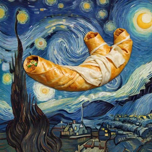 Prompt: An "Egg roll" flying on a "magic carpet" in "The Starry Night" by Vincent van Gogh
